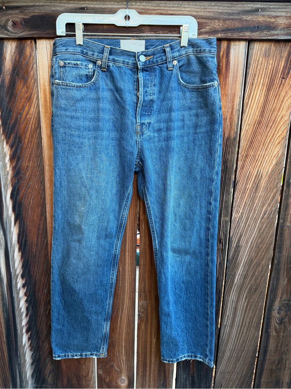 Everlane The Relaxed Straight Organic Cotton Blue denim jeans with frayed cuffs